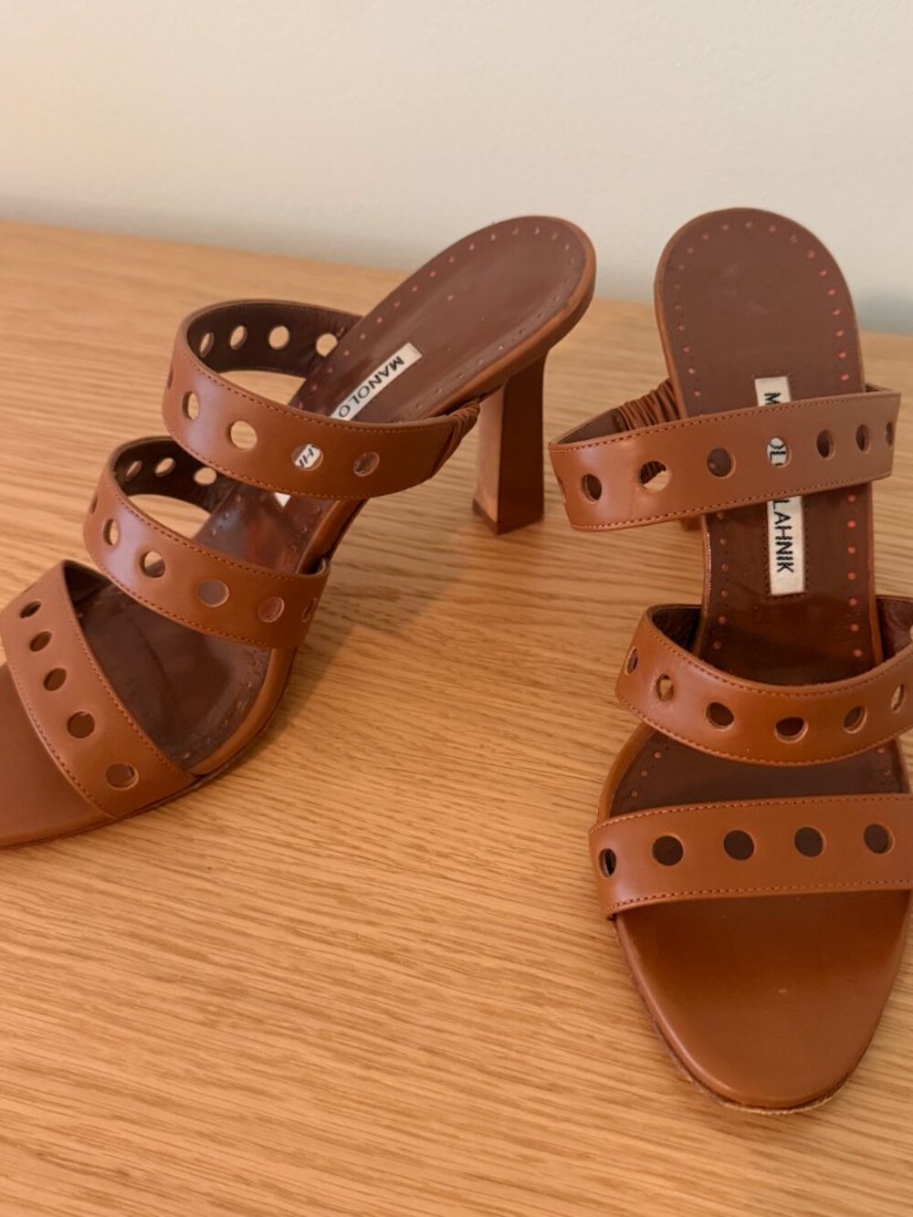Manolo Blahnik Merlina Cutout Straps Leather Mules (Size 39 1/2)